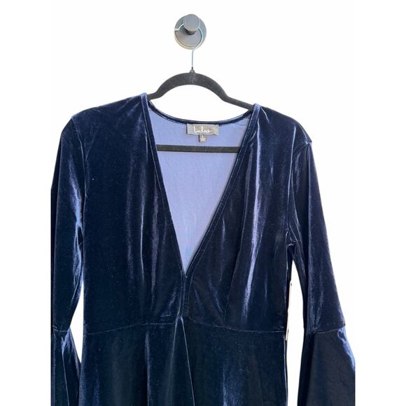 Lulus Navy Blue Velvet Bell Sleeve Skater Dress Small Deep V Cocktail Party - Picture 11 of 12